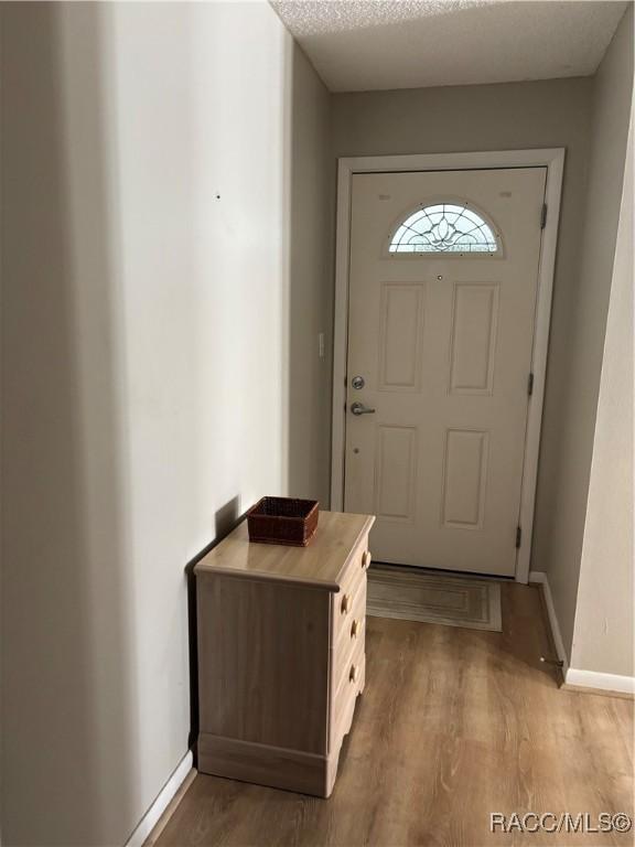 entryway featuring hardwood / wood-style flooring and a textured ceiling