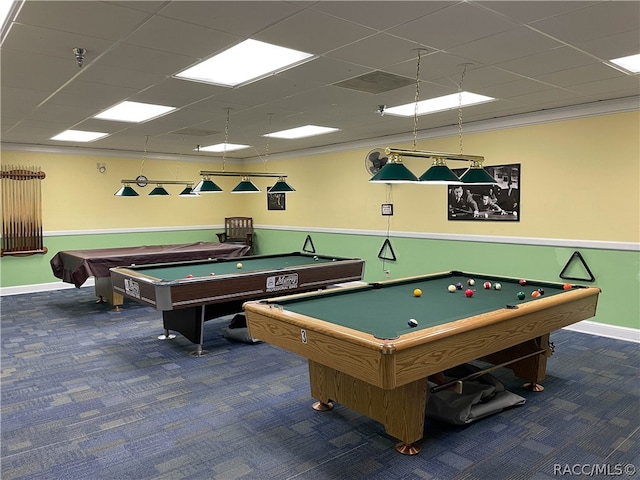 playroom with dark colored carpet, a drop ceiling, and pool table