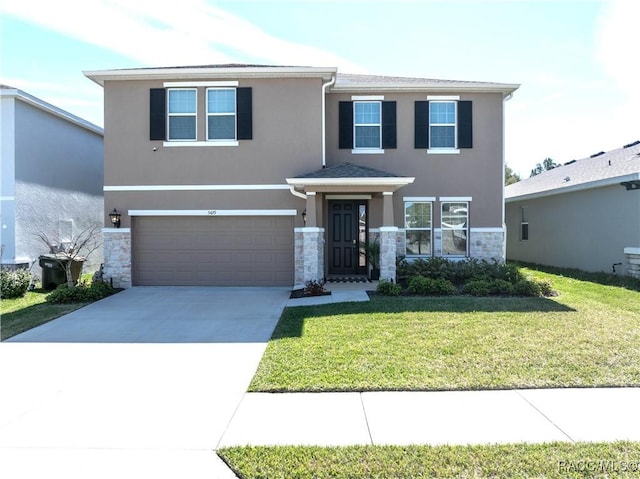 view of front of property featuring an attached garage, stucco siding, concrete driveway, a front lawn, and stone siding