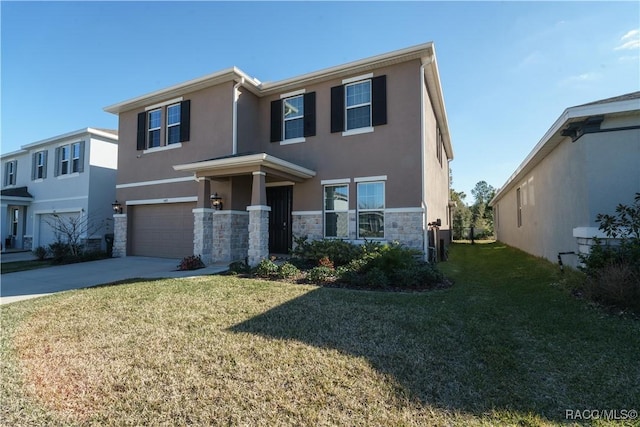 view of front of house featuring a front yard, driveway, stucco siding, a garage, and stone siding