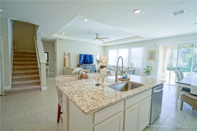 kitchen with visible vents, a healthy amount of sunlight, a sink, a tray ceiling, and stainless steel dishwasher