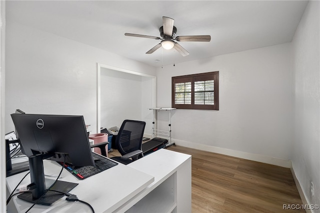 office space with ceiling fan and wood-type flooring