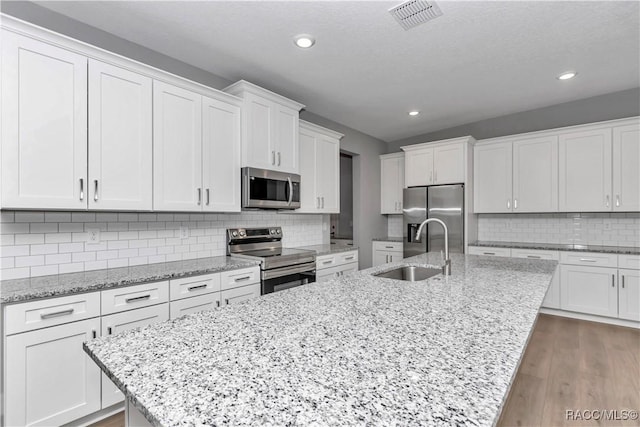 kitchen featuring white cabinets, decorative backsplash, sink, and stainless steel appliances