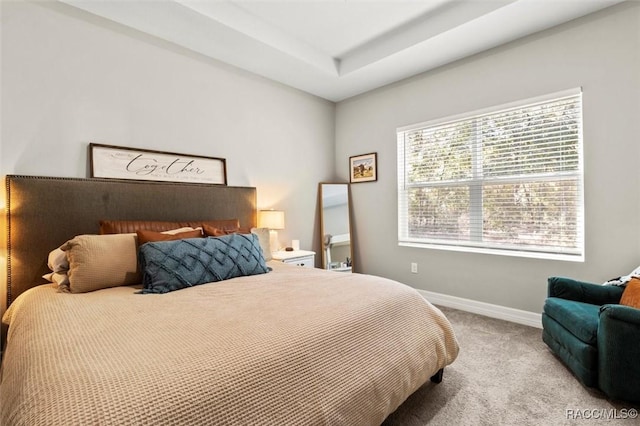 bedroom featuring light colored carpet and a tray ceiling