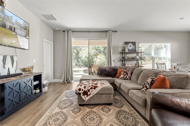 living room with a wealth of natural light and light wood-type flooring