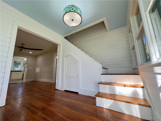 stairs featuring a wealth of natural light, ceiling fan, wood walls, and hardwood / wood-style flooring