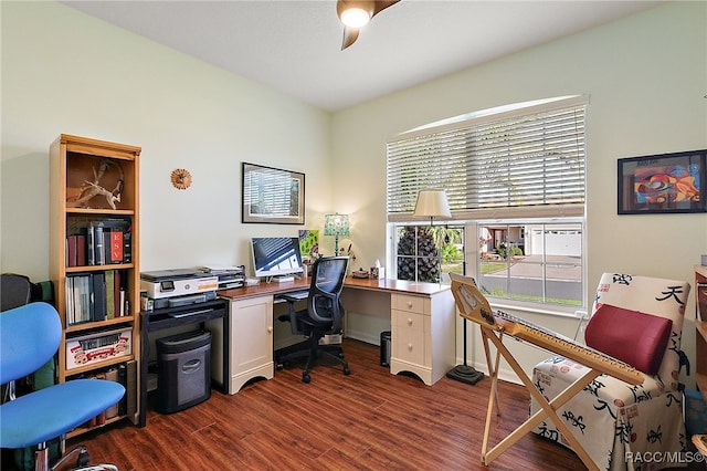 office featuring ceiling fan and dark wood-type flooring