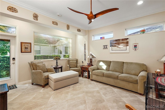 living room featuring ceiling fan, ornamental molding, and light tile patterned floors