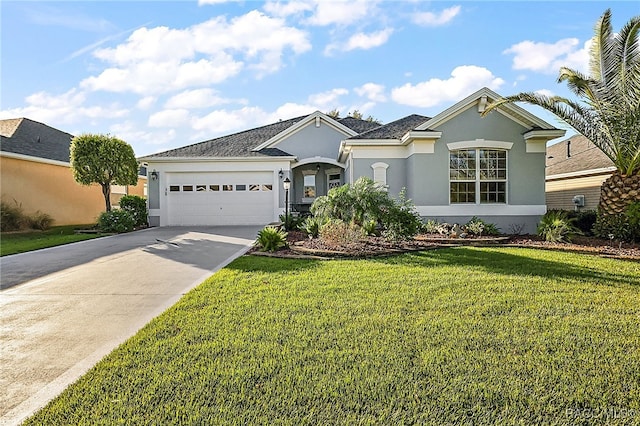 view of front of home with a front yard and a garage