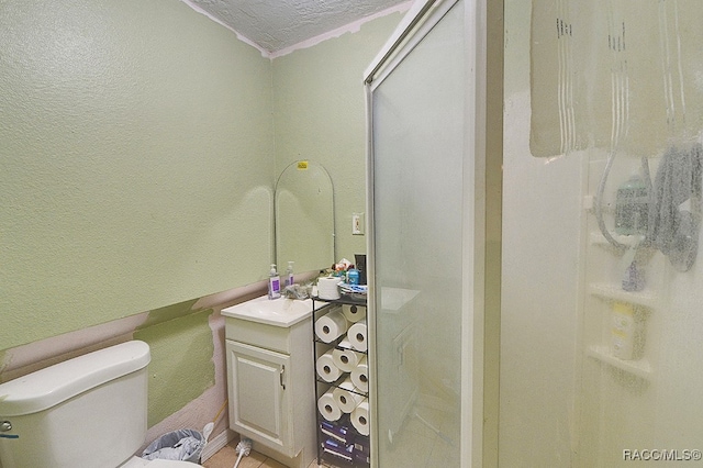 bathroom with vanity, toilet, a textured ceiling, and walk in shower