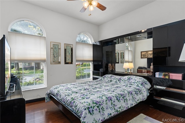 bedroom featuring dark hardwood / wood-style floors, multiple windows, and ceiling fan