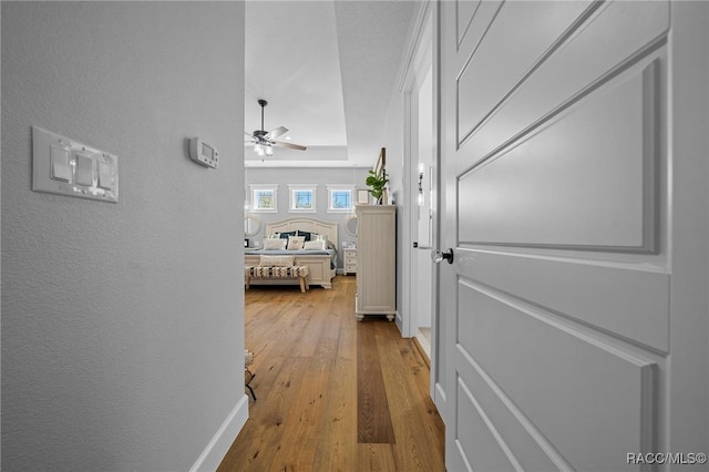 corridor with a raised ceiling, a textured wall, and wood finished floors