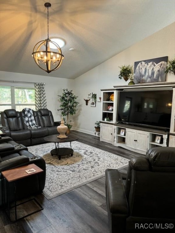 living room with lofted ceiling, dark wood-type flooring, and a chandelier