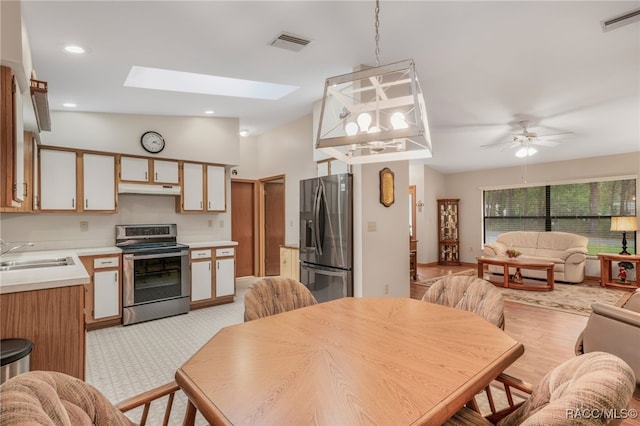 kitchen with visible vents, a sink, under cabinet range hood, appliances with stainless steel finishes, and open floor plan