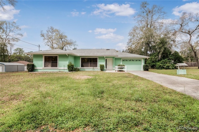 ranch-style home with a front yard, an attached garage, driveway, and stucco siding