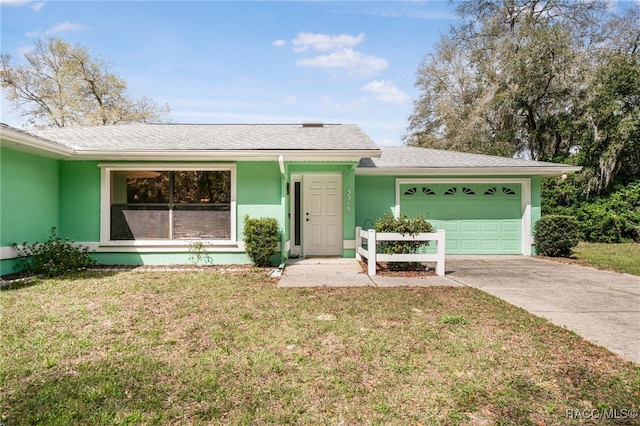 single story home with a front yard, roof with shingles, driveway, an attached garage, and stucco siding