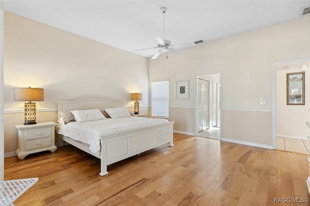 bedroom featuring ceiling fan and light wood-type flooring