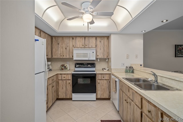 kitchen with sink, white appliances, ceiling fan, tasteful backsplash, and light tile patterned flooring