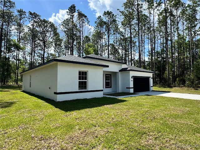 7549 N Santos Dr, Citrus Springs, FL 34434 - view of front of house with concrete driveway, stucco siding, a garage, and a front yard