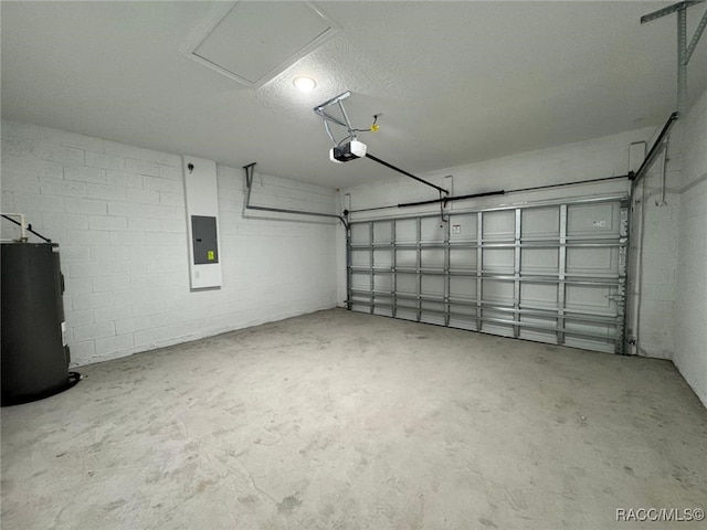 7549 N Santos Dr, Citrus Springs, FL 34434 - garage featuring a garage door opener, water heater, electric panel, and concrete block wall