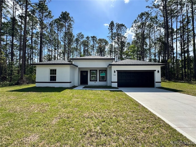 7549 N Santos Dr, Citrus Springs, FL 34434 - view of front facade with stucco siding, a garage, concrete driveway, and a front yard