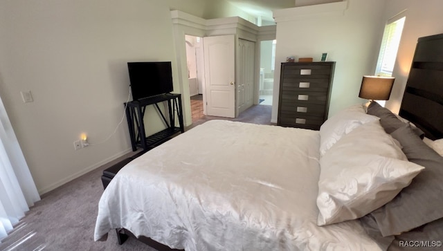 carpeted bedroom with ensuite bathroom and a closet