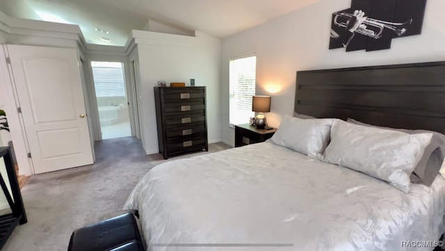 carpeted bedroom with connected bathroom and vaulted ceiling