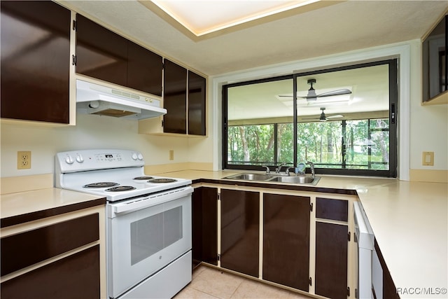 kitchen with ceiling fan, sink, light tile patterned floors, and white electric stove