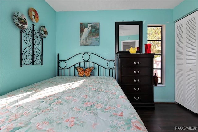 bedroom with dark hardwood / wood-style flooring and a closet