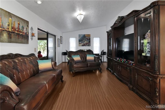 living room with hardwood / wood-style floors, a textured ceiling, and lofted ceiling