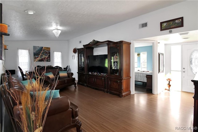 living room with wood-type flooring, a textured ceiling, and vaulted ceiling