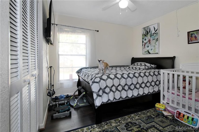 bedroom featuring multiple windows, a closet, and ceiling fan