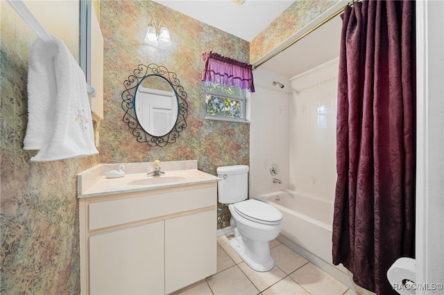 full bathroom featuring tile patterned floors, shower / bath combination with curtain, toilet, and vanity