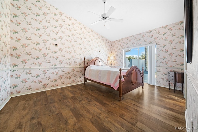 bedroom with dark hardwood / wood-style floors, ceiling fan, and access to exterior