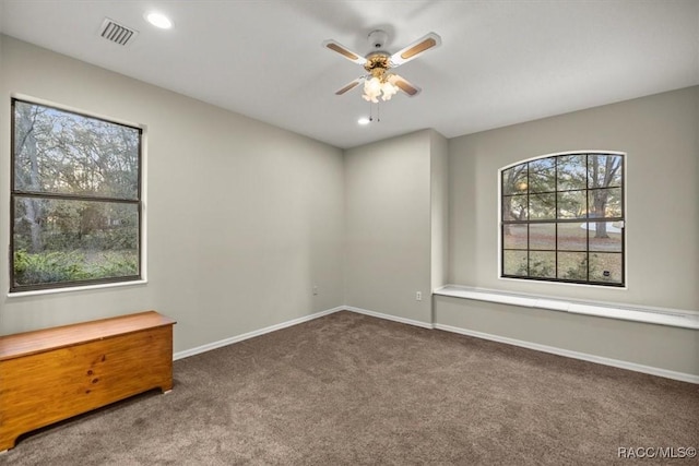 carpeted spare room with plenty of natural light, baseboards, and visible vents