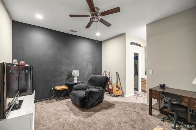 sitting room featuring visible vents, baseboards, carpet floors, recessed lighting, and a ceiling fan