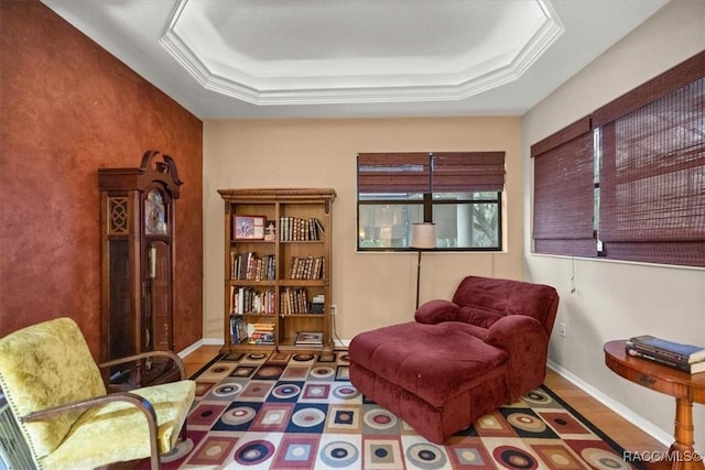 sitting room featuring a tray ceiling and baseboards