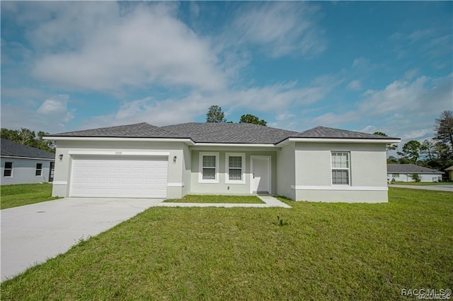 ranch-style house with a front lawn and a garage