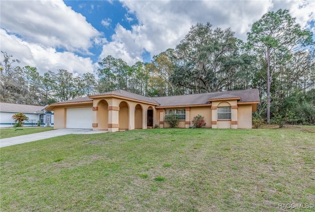 ranch-style house featuring a garage, driveway, a front lawn, and stucco siding