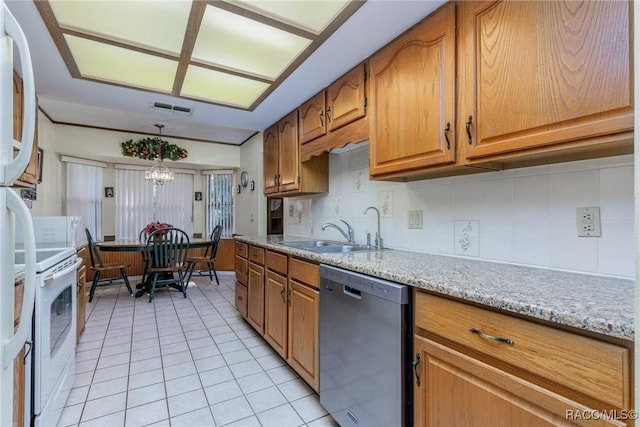 kitchen with white range with electric cooktop, tasteful backsplash, visible vents, stainless steel dishwasher, and a sink