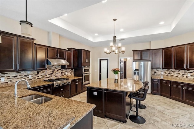 kitchen with sink, decorative light fixtures, a center island, a raised ceiling, and stainless steel appliances