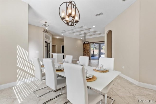 tiled dining area featuring coffered ceiling, a chandelier, and beam ceiling