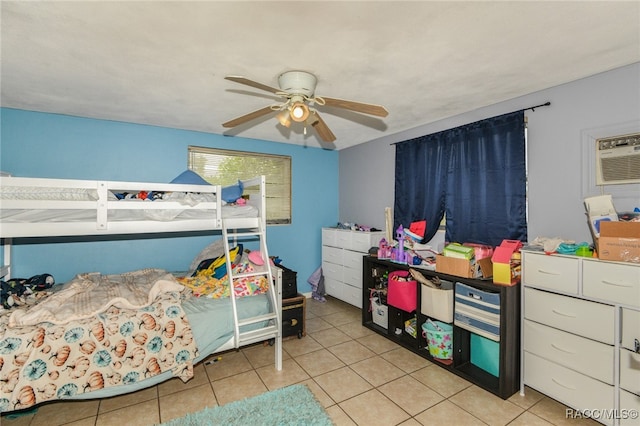 bedroom featuring ceiling fan and light tile patterned flooring