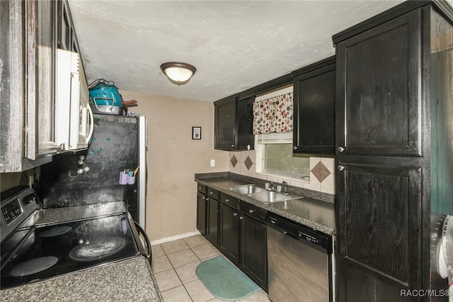 kitchen with black / electric stove, sink, light tile patterned flooring, and stainless steel dishwasher