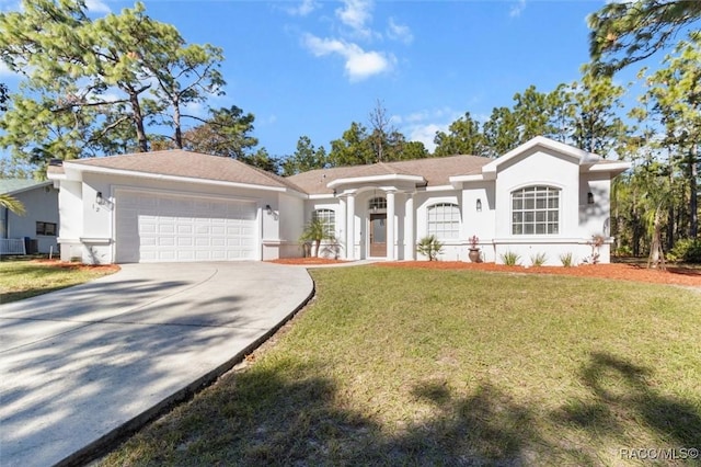 ranch-style house with a front yard and a garage