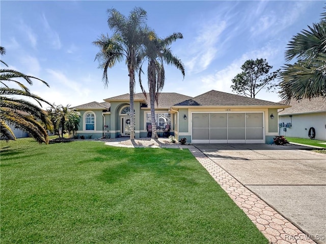 view of front of property featuring driveway, an attached garage, a front lawn, and stucco siding