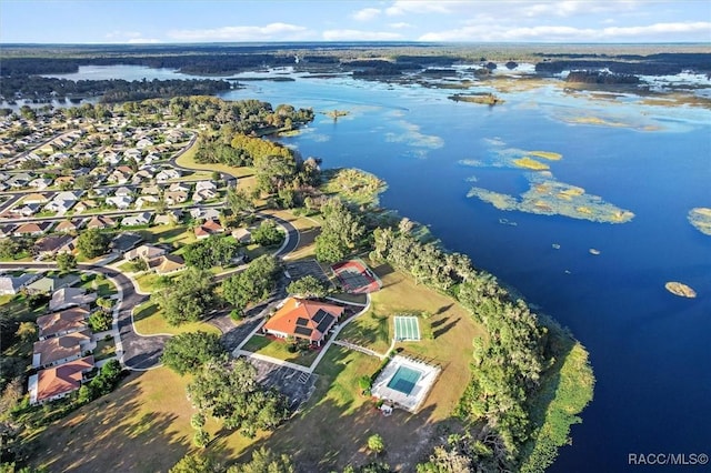 aerial view with a water view and a residential view