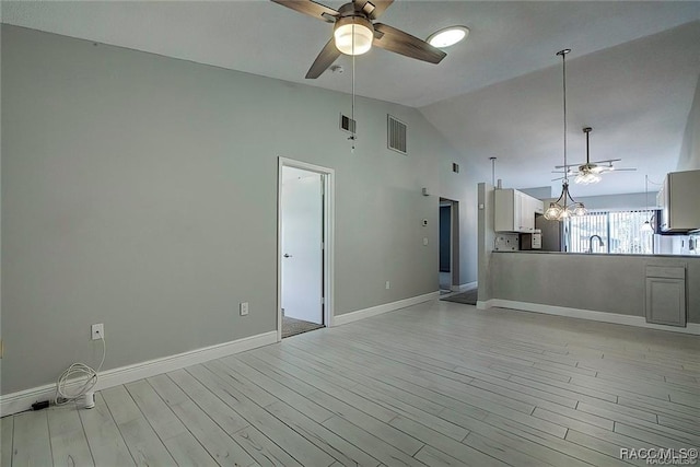 1309 Longboat Pt, Inverness, FL 34450 - unfurnished living room with ceiling fan with notable chandelier, light wood-style flooring, visible vents, a sink, and baseboards