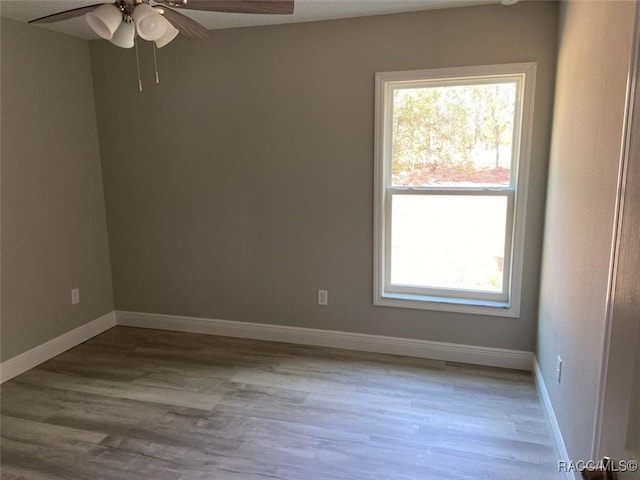 empty room with light hardwood / wood-style floors and ceiling fan