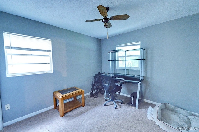 office area with carpet and ceiling fan